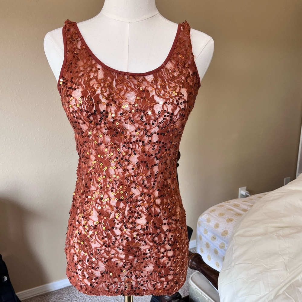 2000s Sequin Lace Tank Top - Copper